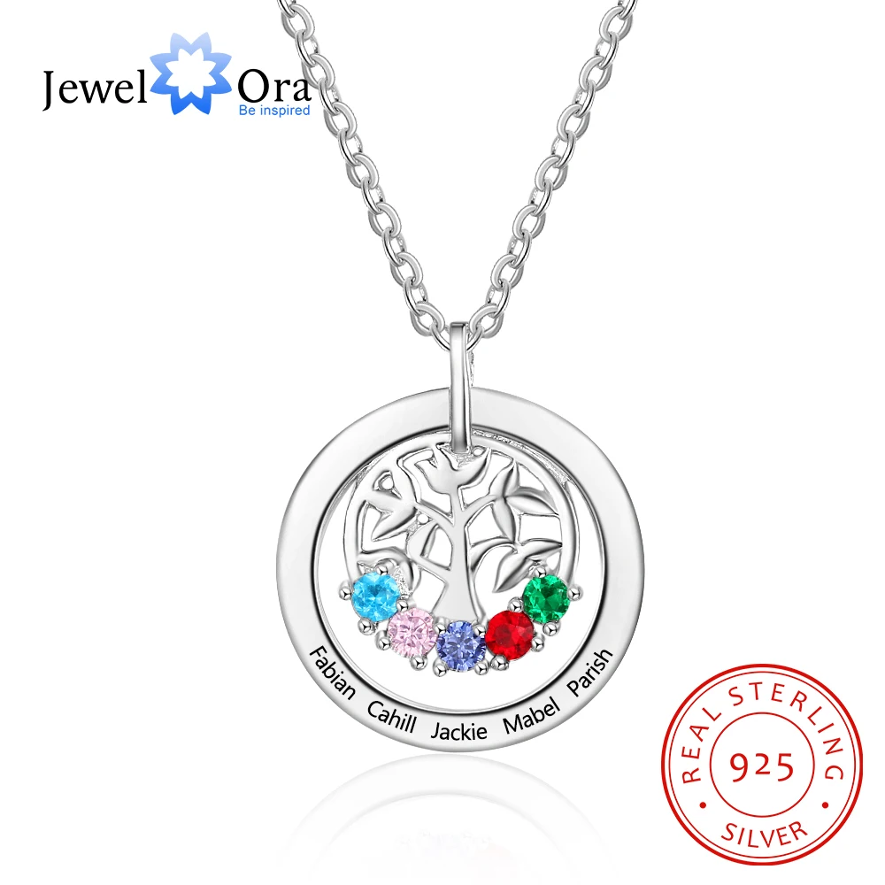 JewelOra 925 Sterling Silver Personalized Family Tree Pendant with 5 Birthstones Customized Engraving Name Mothers Necklace Gift