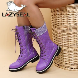 LazySeal stivali da neve caldi invernali scarpe da donna piattaforma scarpe stringate pelose viola stivali a metà polpaccio in peluche misura grande 43