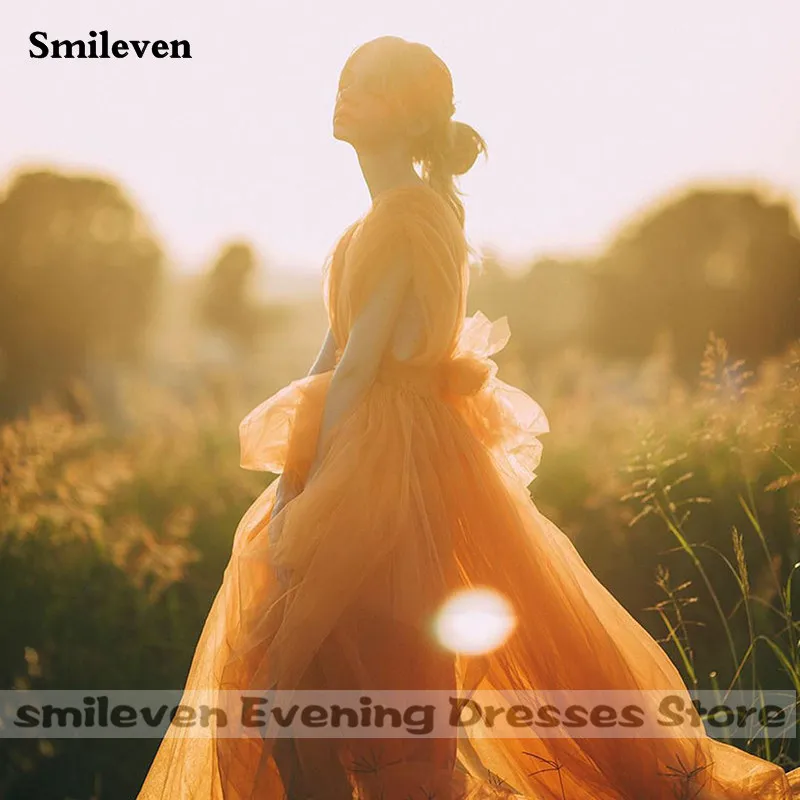 فستان حفلة موسيقية برقبة على شكل حرف V من Smileven برتقالي بدون ظهر من التل المنفوخ للحفلات الرسمية للفتيات فساتين سهرة للنساء