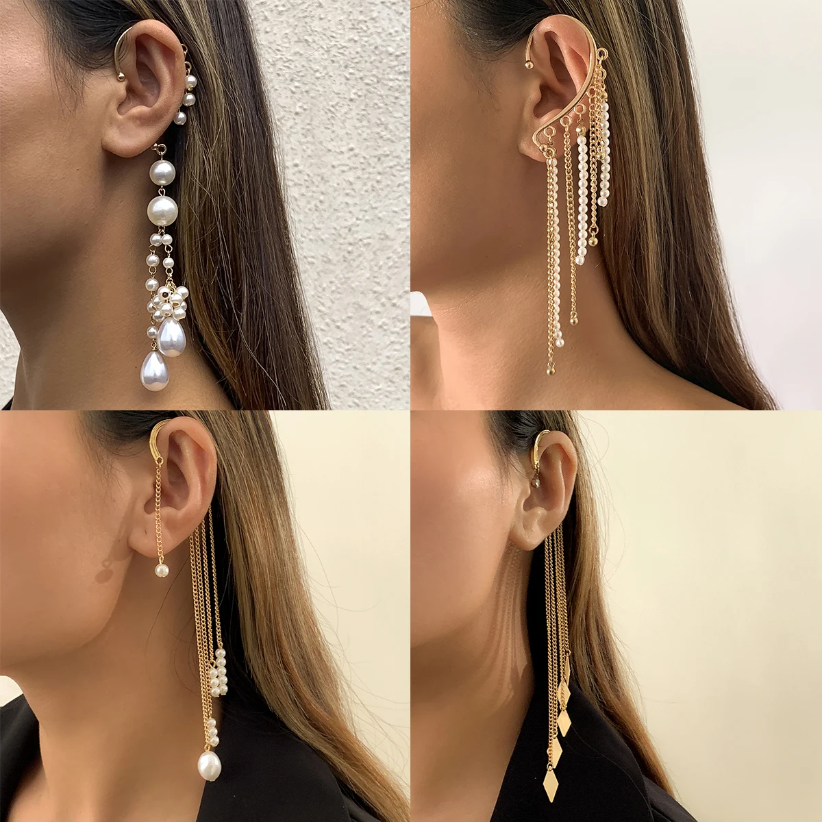 Ingemark Long Tassel Geometric Imitation Pearl Chain Clip Earrings No Pierced Ear Cuff Cartilage Elegant Female Women Jewelry