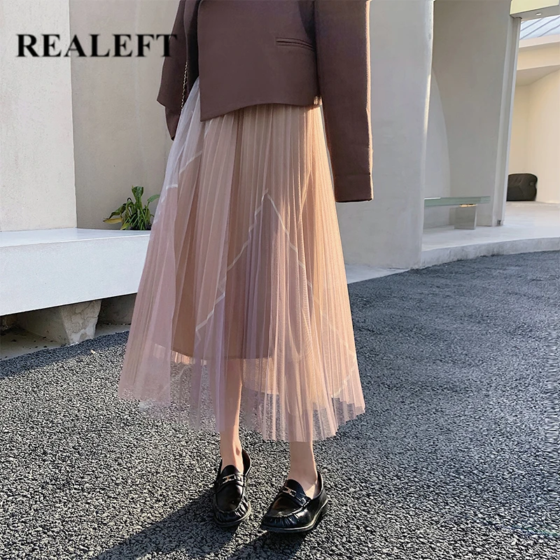 REALEFT Spring Summer 2021 New Boho Mesh Long Skirts Printing Patchwok High Waist Pleated Skirts Female Stylish Skirts Ladies