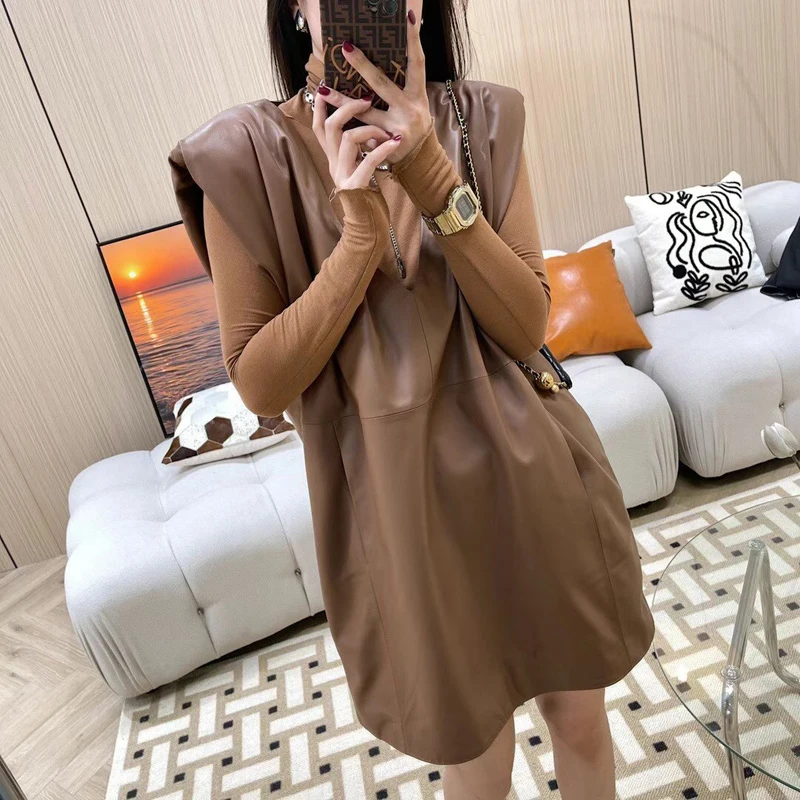 Leather Dress Women 2021 Autumn Female Genuine Sheepskin Deep V-neck White Jacket Pccident Fashion Loose Large Size Outwear Vest