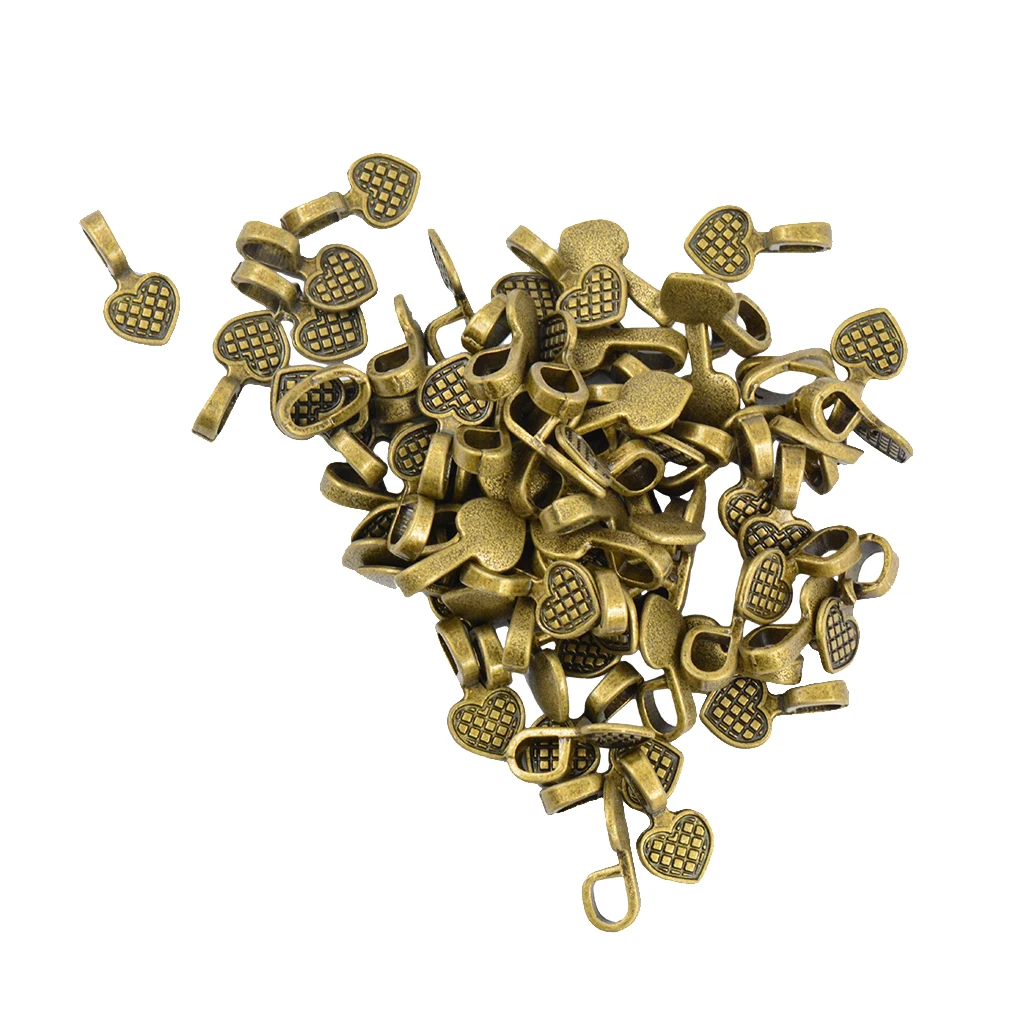 100 Pcs Heart Shape Bronze Style Glue-on Flat Pad Bails For Craft Pendants