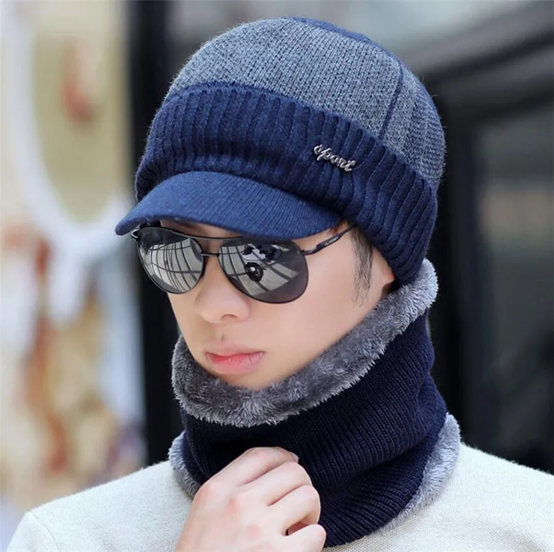 Men Winter Hat Scarf 2 Peice Set Women Man Outdoor Warm Knitted Plush Mix Color Cap Ring Scarves With Brim Knit Visor Male Acces