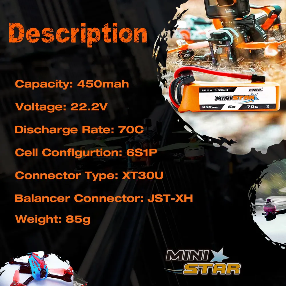 2PCS CNHL 6S 22.2V 450mAh batteria Lipo 70C Ministar con spina XT30 per Mini Quad FPV Drone RC Quadcopter elicottero aereo