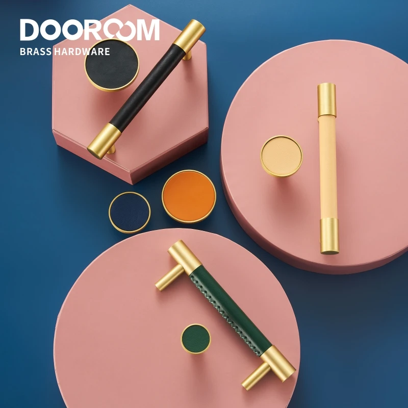 Dooroom Brass Furniture Handles Real Leather Nordic Simple Pulls Cupboard Wardrobe Dresser Shoe Box Drawer Wine Bar Cabinet Knob