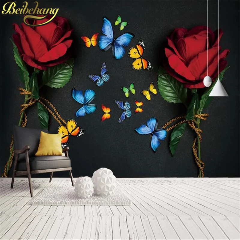 beibehang Custom photo wallpaper for living room Vintage red rose butterfly tv background wall paper Large background wallpaper