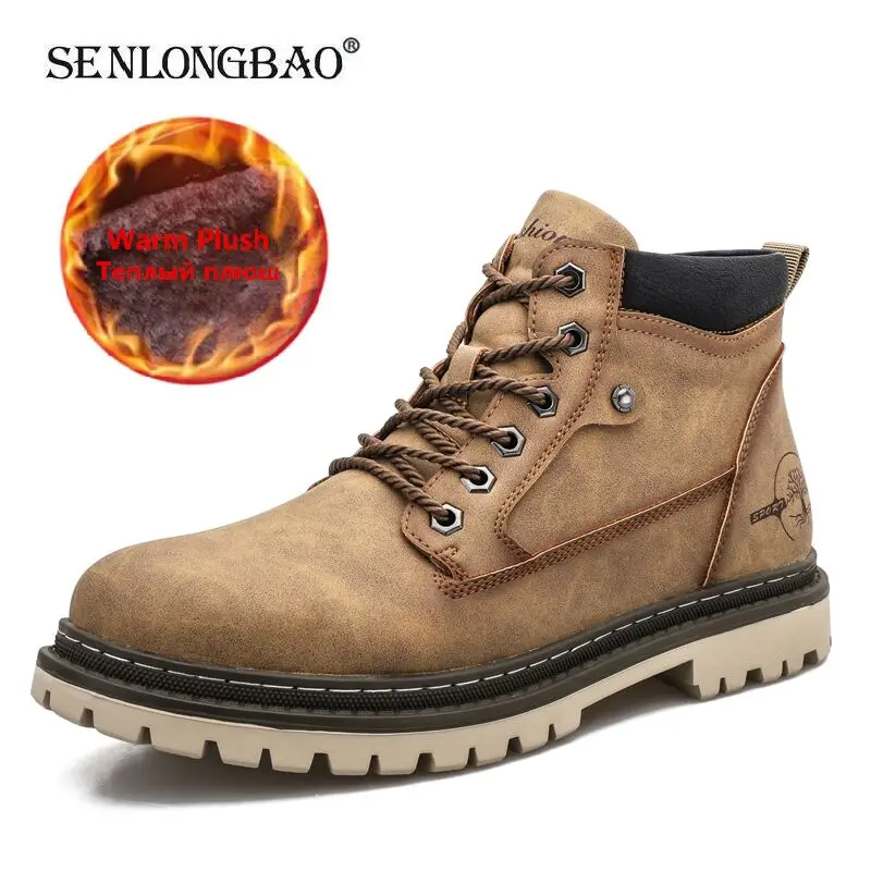 Men Snow Boots High Quality Leather Ankle Boots Warm Fur Motorcycle Boots Fashion Winter Men Boots Outdoor Men\'s Work Boots