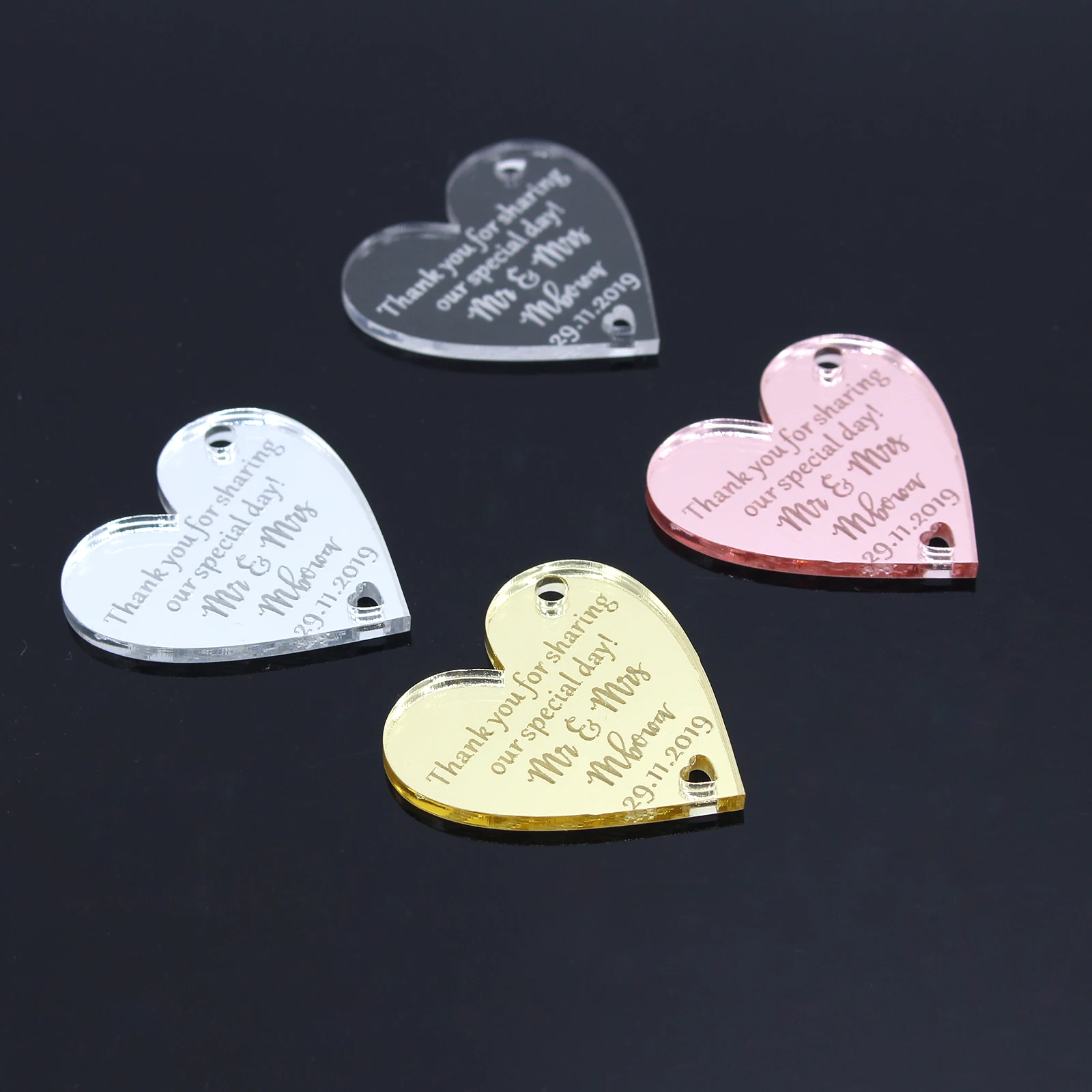 24 x of Personalized Laser Engraving And Cutting Heart-Shaped Labels, Gold / Silver Mirror Labels Wedding Party Table Decoration