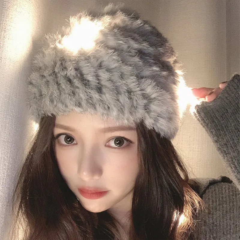 

Luxury Hats Real Rabbit Fur Hat Women Winter 2022 Warm Real Fur Knitted Inside Natural Fluffy Hat Snow Cap Skullies Beanies