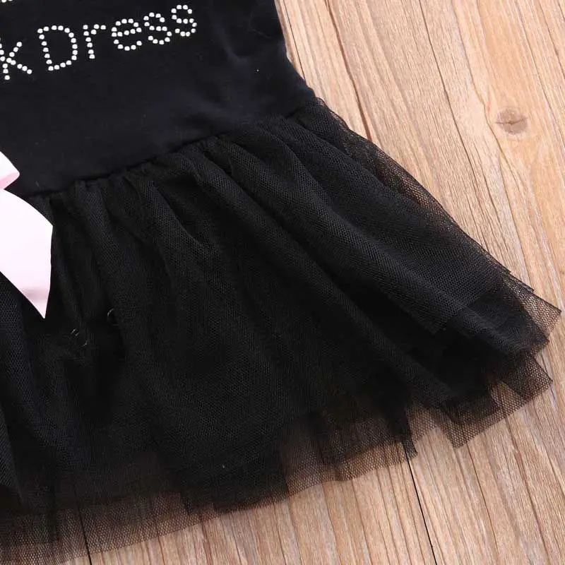 0-24M Fashion Cute Summer Newborn Infant Baby Girls Cotton O-Neck Letter Print Lace Knee-Length Black Tutu Dress Outfit Party