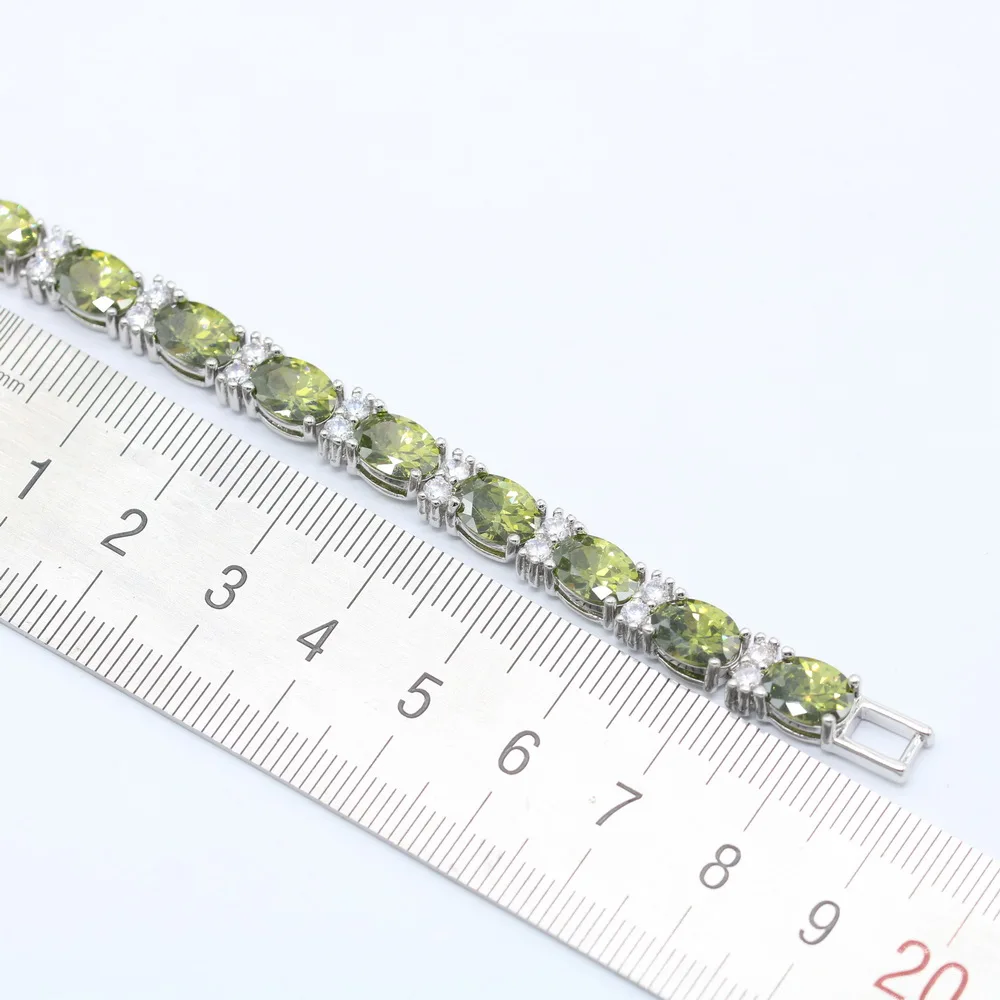 Hot Sell Silver Color Jewelry For Women  Olive Green Cubic Zirconia Fashion Link Chain Bracelets Length 19cm Free Box