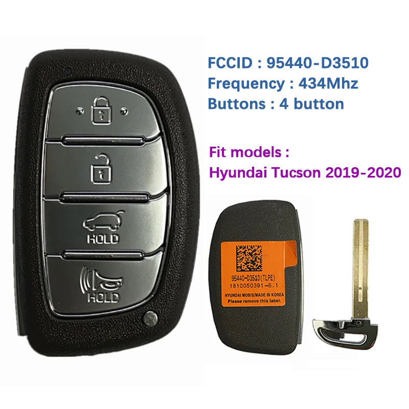 CN020143 Aftermarket 4 Button Smart Key For Hyundai Tucson 2019-2020 Remote Frequency 433MHz 95440-D3510 TQ8-FOB-4F11 No Logo