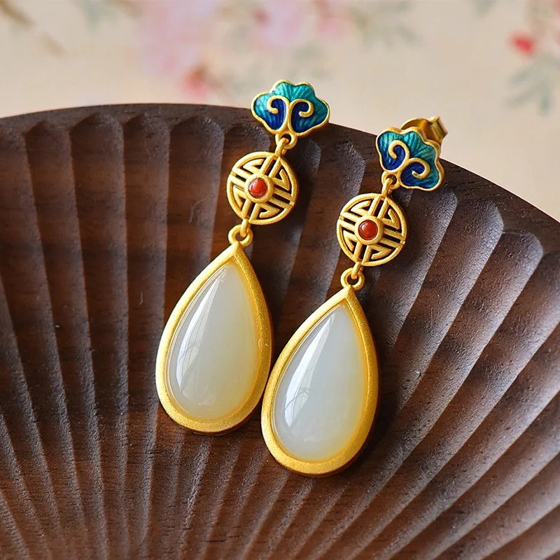 

VENTFILLE Gold Color Hetian Jade Earrings for Women Girl Gift Trendy Cheongsam Design Jewelry Dropship