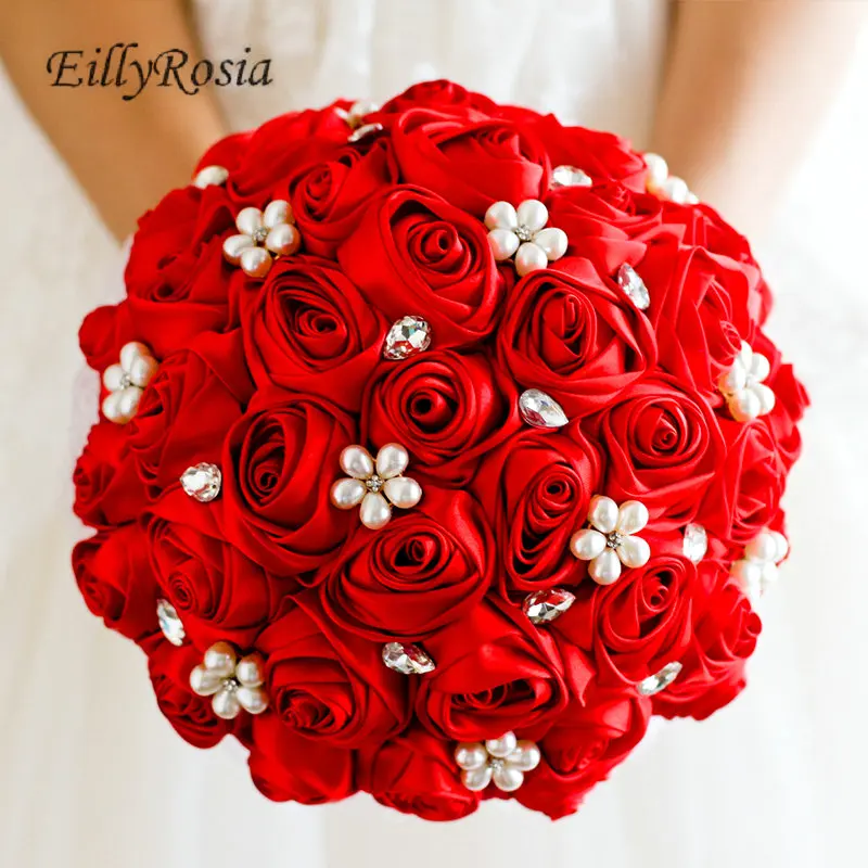 

New Design Chinese Red Bridal Bouquet Holder Satin Roses Artificial Flowers Handmade Coral Wedding Bouquet Blue Flower Purple