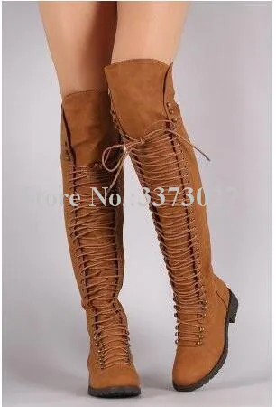 Lady Brown Leather Lace-up Flat Long Boots Fashion New Design Cross-tie Over the Knee Boots Women Large Size Casual Boots