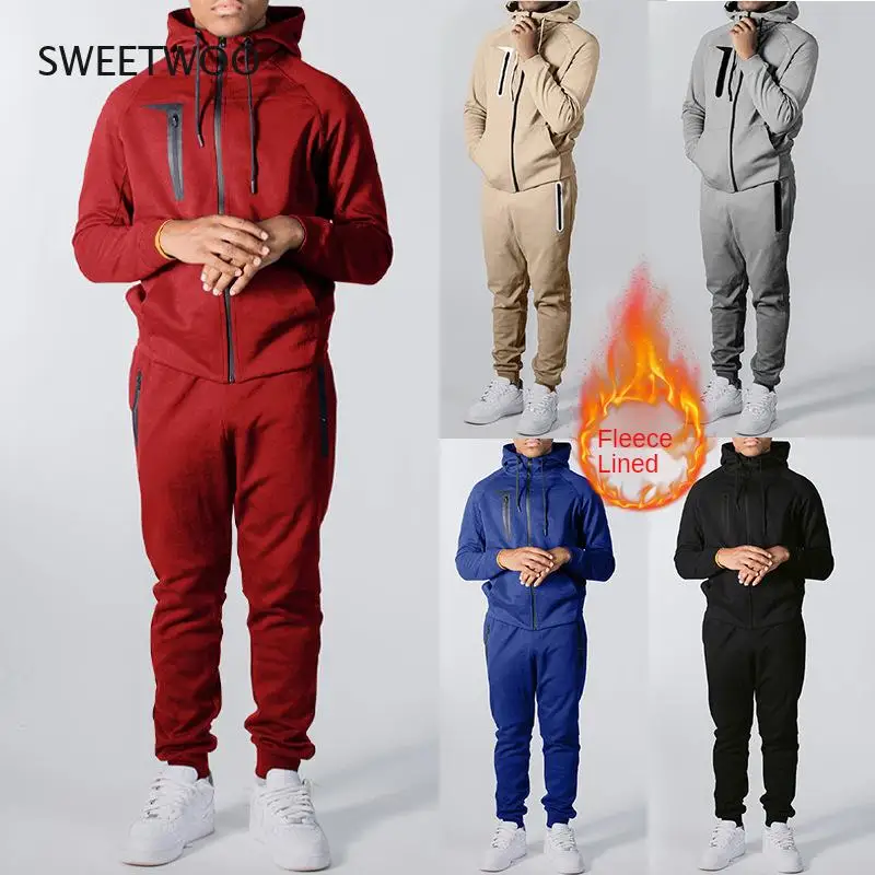 

2021 Tracksuit Men 2 Pieces Set Sweatshirt + Sweatpants Sportswear Zipper Hoodies Casual Mens Clothing Size M-3XL