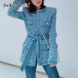 TWOTWINSTYLE Vintage Blue Denim Jacket With Belt Waisted Ripped Hole Women Coat 2022 Spring Long Sleeve Pockets Streetwear New