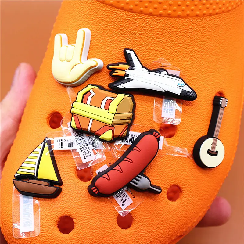 Dropshipping 1pcs Cute Treasure Chest PVC Shoe Charms Sausage Airplane Accessories Sailboat Decorations fit Bracelet Kids Gifts