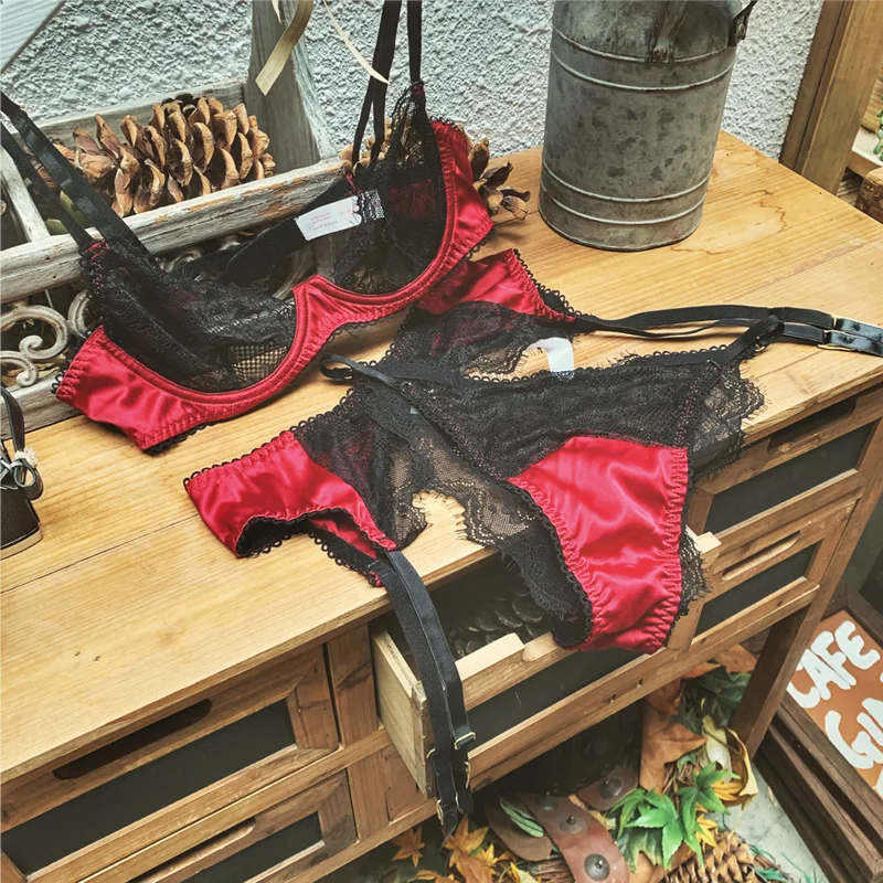 Sexy lingerie panty set with steel ring half cup gathered garter panties three-piece large size bralette satin retro bra set