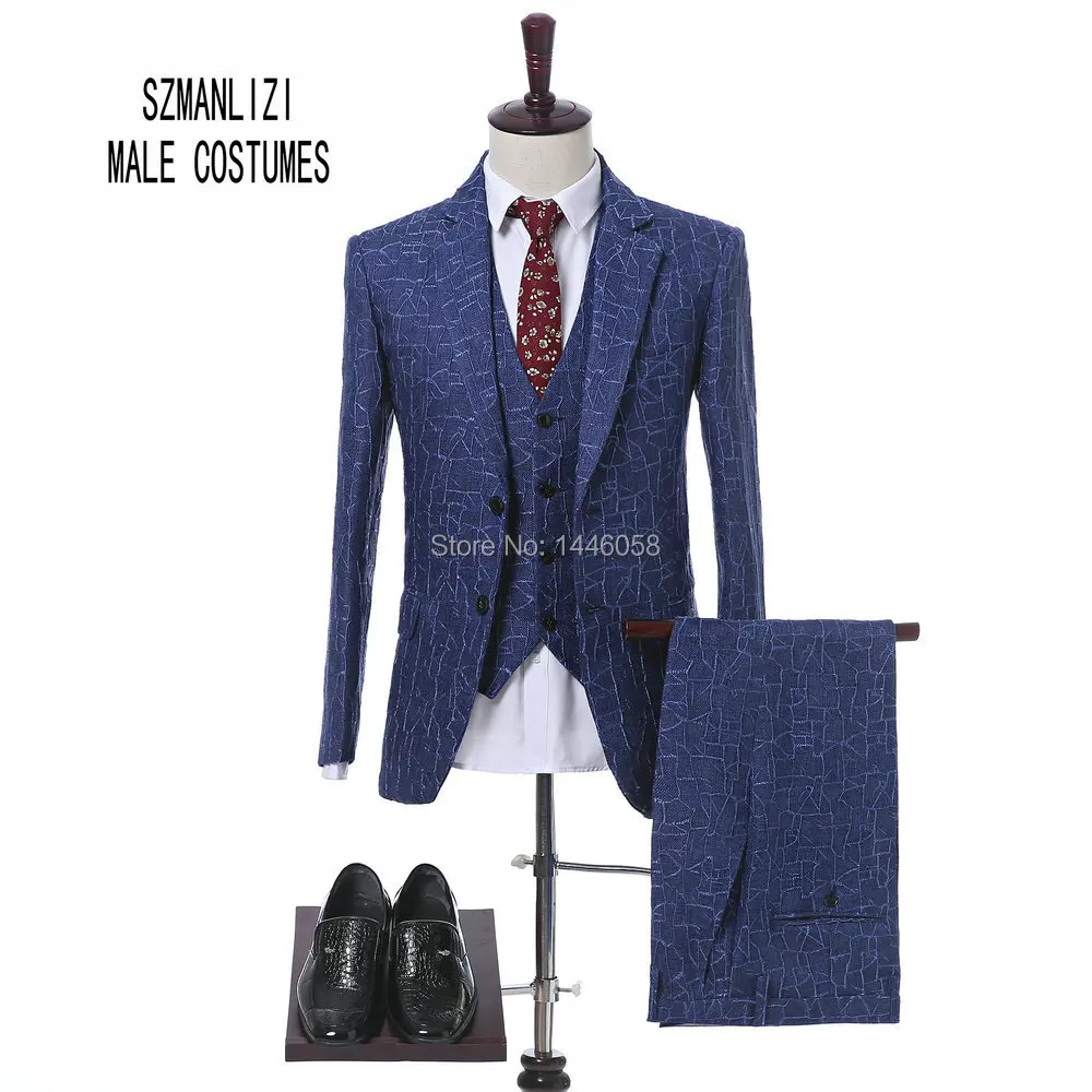 

(Jacket+Vest+Pants) Classic Blue Plaid Slim Fit Mens Wedding Suits 3 Pieces Business Men Suits Formal Wear Groom Tuxedos For Men