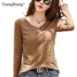 Women Frayed V-Neck Bamboo Cotton T-Shirts Spring 2023 Plus Size Loose Fashion Purple TShirt Ladies Cuffs Long Sleeve Khaki Tops