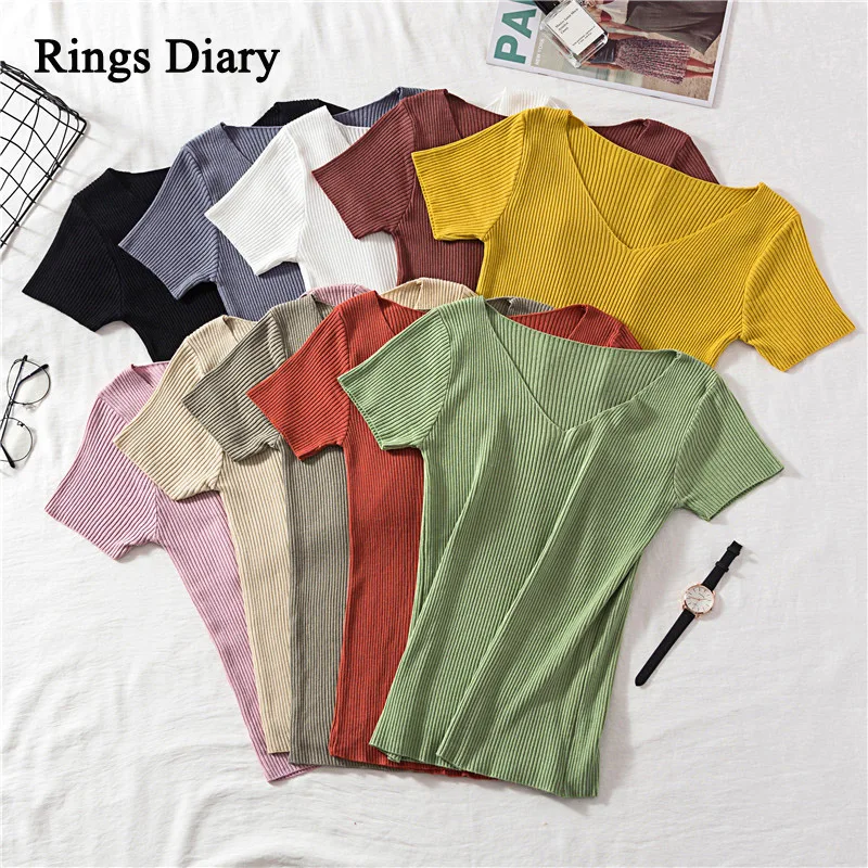 

Rings Diary Women Soft Rib Knit Tees Summer Knitting V Neck Short Sleeve Slim Fit Basic Tshirts Retro Basic Going Out Cute Tops