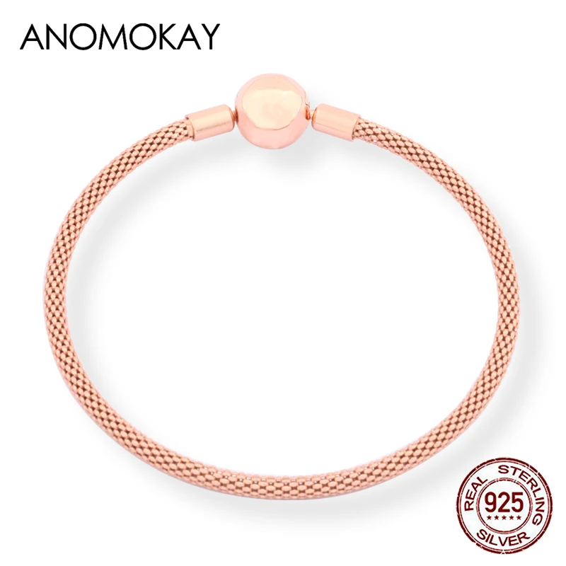 Anomokay Trendy 100% 925 Sterling Silver Rose Gold Color Basic Bracelet fit Original Charm Bead Bracelet for Women Girl Gift