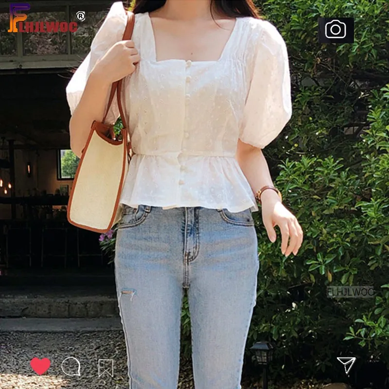 Embroidery Cute Chic Tops Hot Women Summer Korea Japan Style Design Slim Waist White Button Shirt Blouse Flhjlwoc Vintage