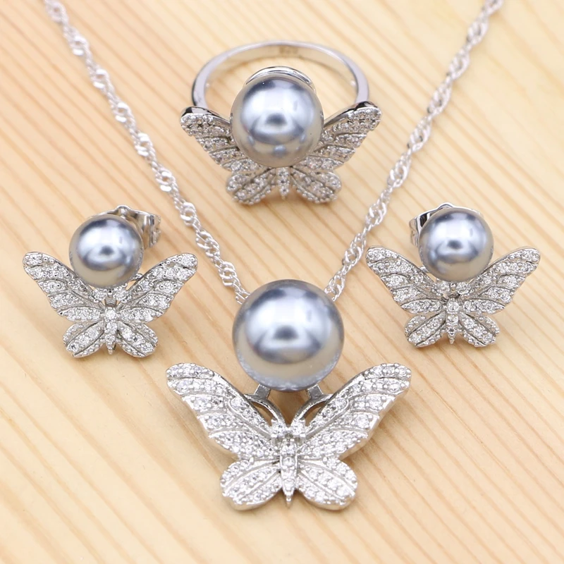 

925 Silver Jewelry Kits Grey Pearl for Women Party Accessories Butterfly Stud Earrings/Ring/Pendant/Necklace Set