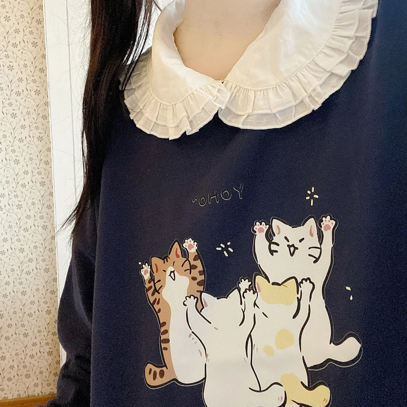 Autumn Kawaii Hoodie Teen Girls Funny Cat Cartoon Graphic Sweatshirt Women Casual Cute Printed Crewneck Long Sleeve Pullover