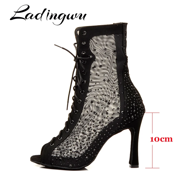 ladingwu Latest Latin Dance Boots Woman Mesh Hot Rhinestone Dance Shoes Salsa Ladys Black Suede Ballroom Dancing Shoes