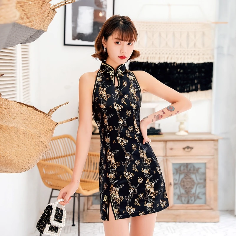 New Summer Chinese National Short Cheongsam Dragon Phoenix Sexy Halter Dress Sleeveless Women Mini Dress Split Dresses Qipao