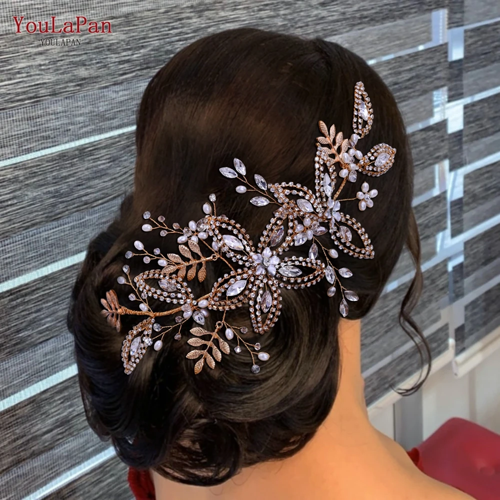 YouLaPan HP305 Paduan Daun Bridal Headband Rhinestone Pernikahan Rambut Aksesoris Tiara Pengantin Perak Mahkota Rambut Pengantin Perhiasan