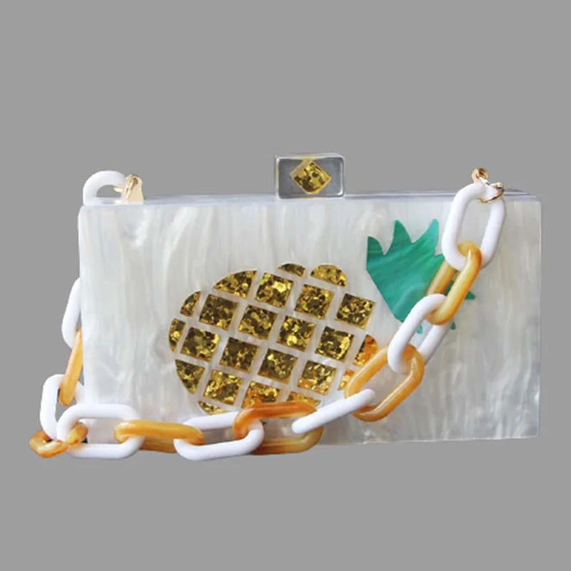 

Pearl White gold pineapple Acrylic Box Bag Female Single Shoulder Messenger messenger Small rectangle Bag les sacs des femmes
