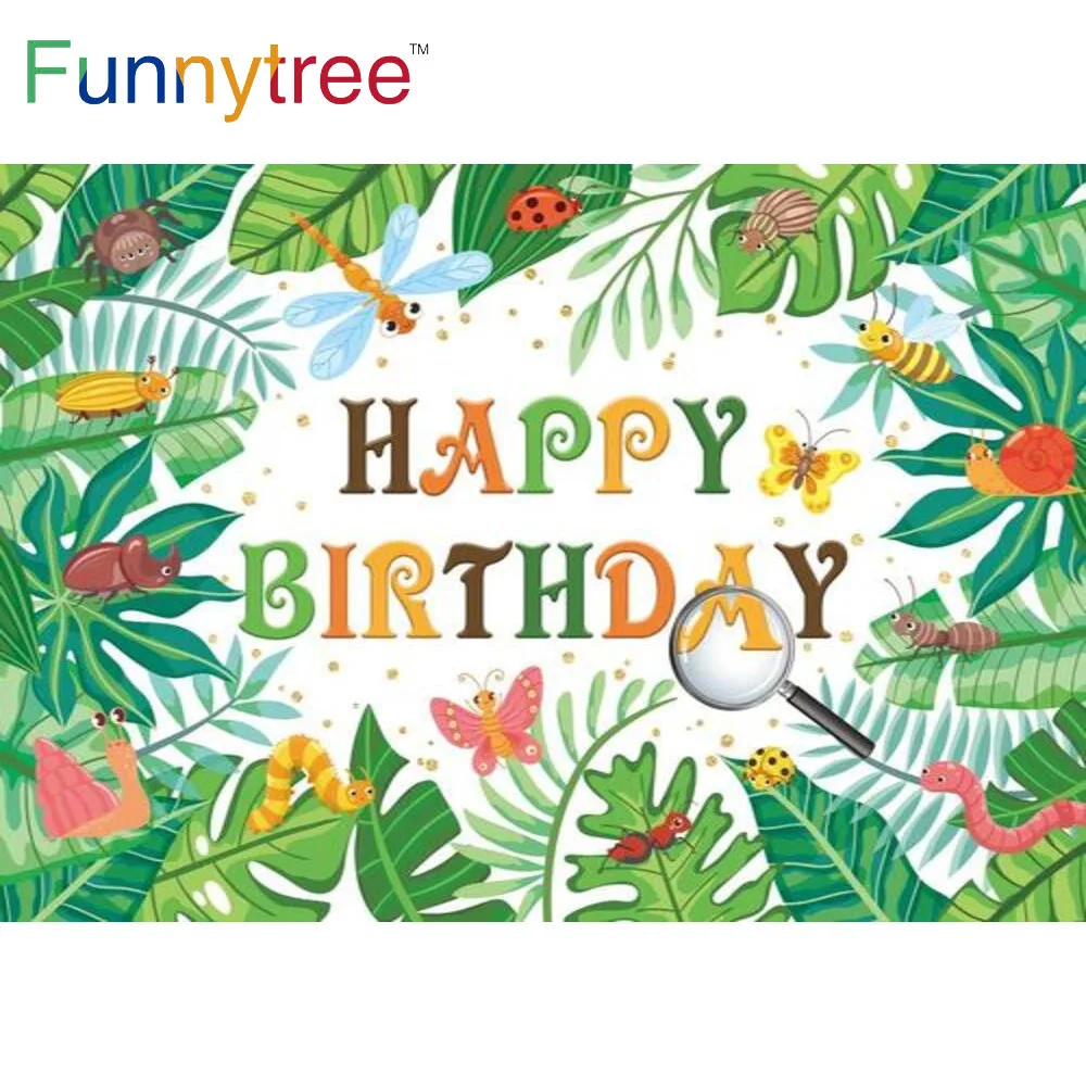 Funnytree Feliz cumpleaños fondo para niños de aventura en la selva explorar de dibujos animados de oro puntos hojas bebé ducha Photocall de fondo