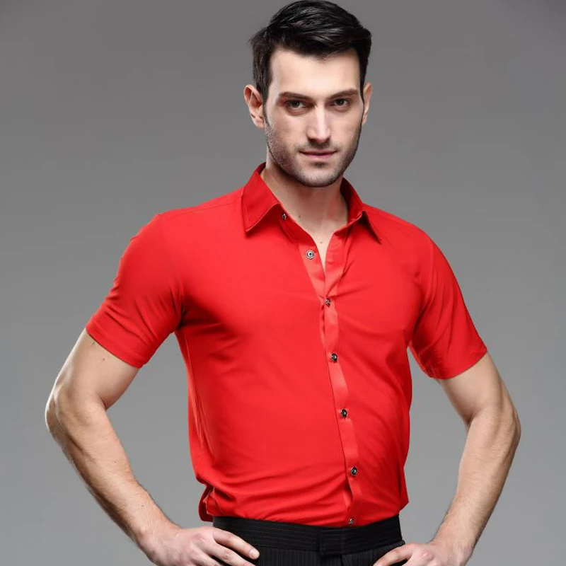 

Men's Red Party Ballroom Latin Modern Samba Salsa Dance Shirt Short Sleeve Jazz Tango Rhythm Competition Practice Tops S-XXL