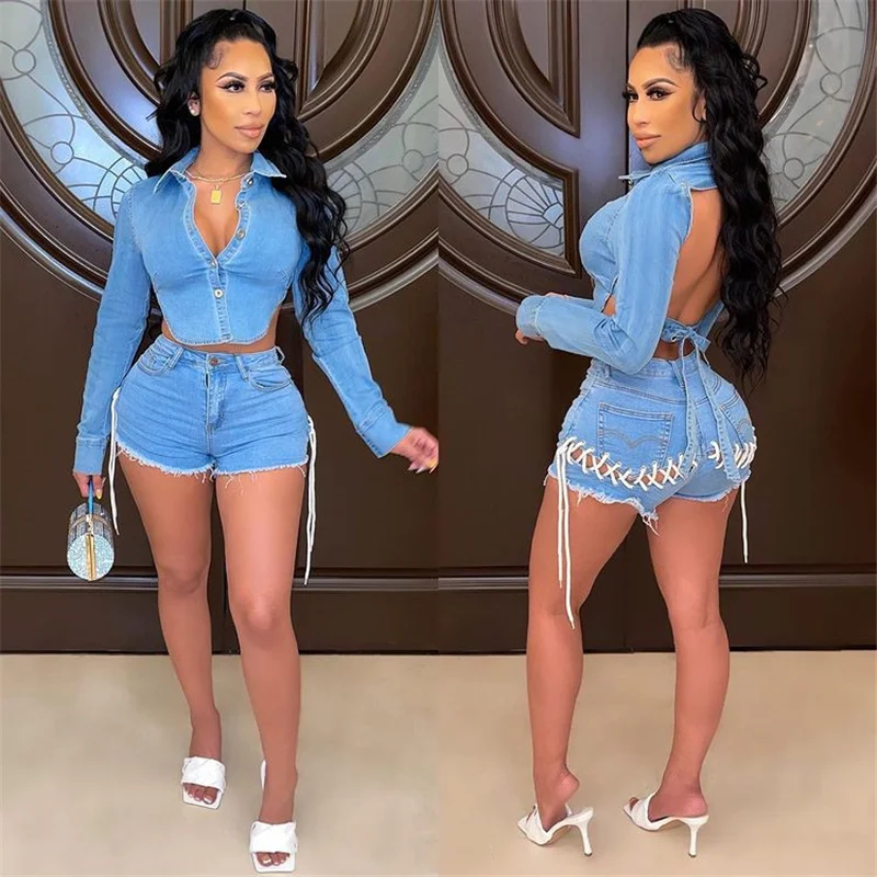 

Sexy Denim Two Piece Short Set for Women Irregular Backless Jacket Top and Lace-up Shorts Sets Club Wear Party Jeans Outfits