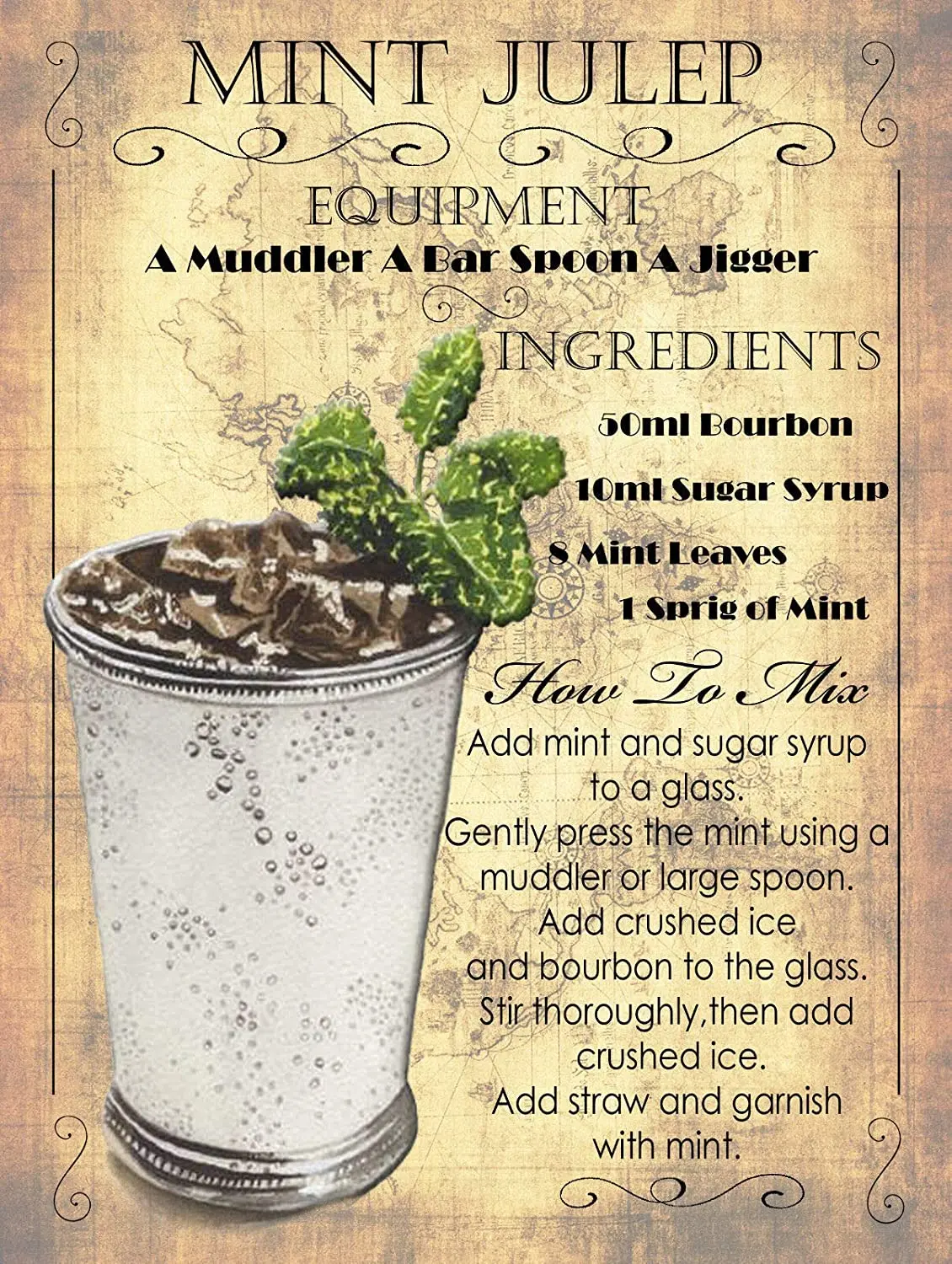 NINGFEI Mint Julep Cocktail Recipe Metal Tin Sign 12x16 Inch Garage Bar Restaurant Club Decor