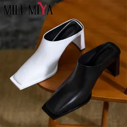 MILI-MIYA Fashion Square Toe Solid Color Women Full Genuine Leather Thick Heels Slip On Dress Party Summer Shoes Size 34-40