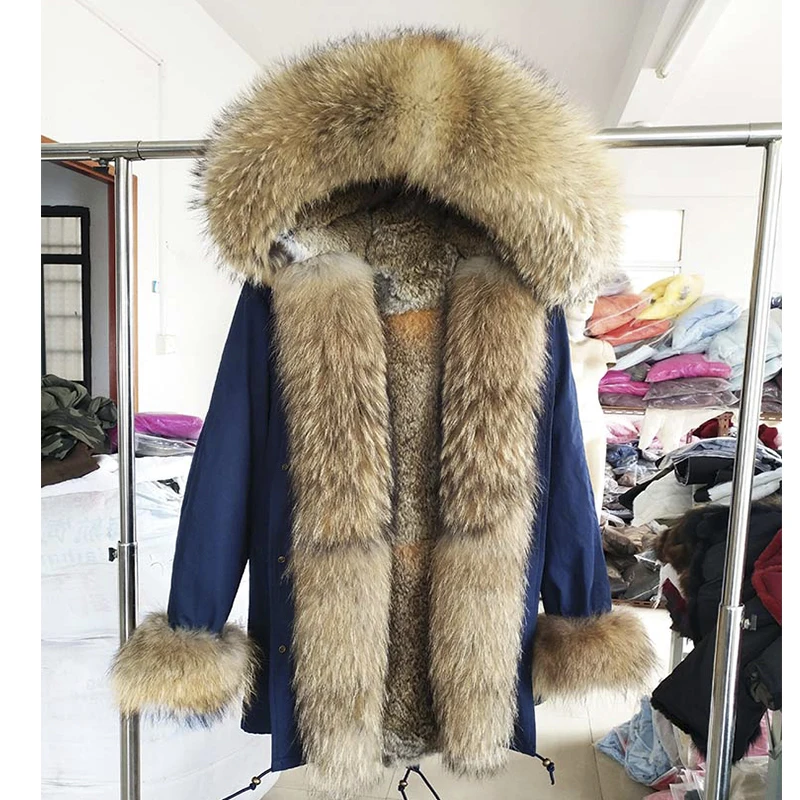 New Waterproof Men Parka Winter Jacket Long Real Rabbit Fur Coat Man Parkas Natural Raccoon Fur Hood Real Rabbit Fur Liner