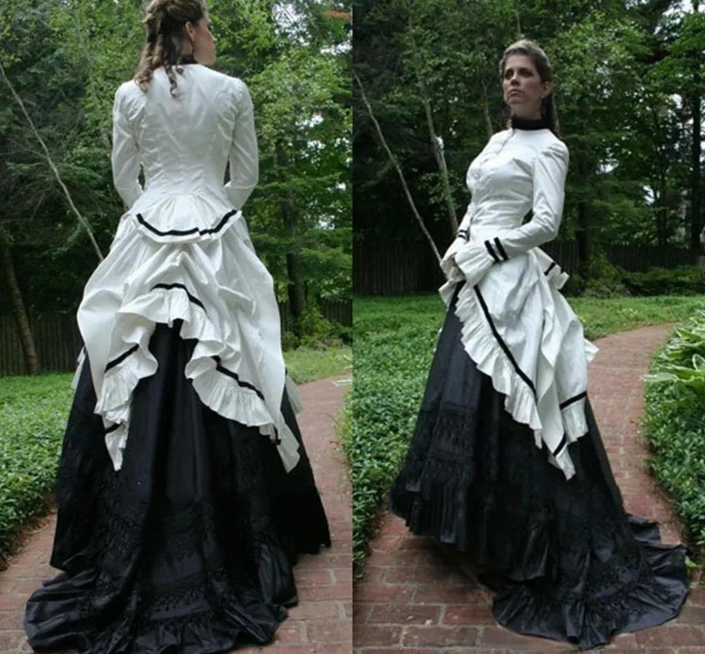 1860S Viktorianischen Korsett Gothic Prom Formale Kleider Vintage Schwarz Weiß Lace-up Korsett Bürgerkrieg Southern Belle Abendkleid kleider