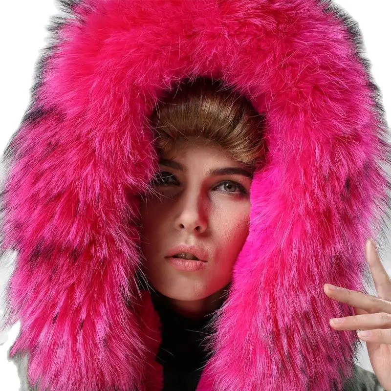 Top Hot Pink Women Fashion Long Real Raccoon Dog Collar Jacket Warm Winter Army Green Fur Parka For Mr Mrs Coat