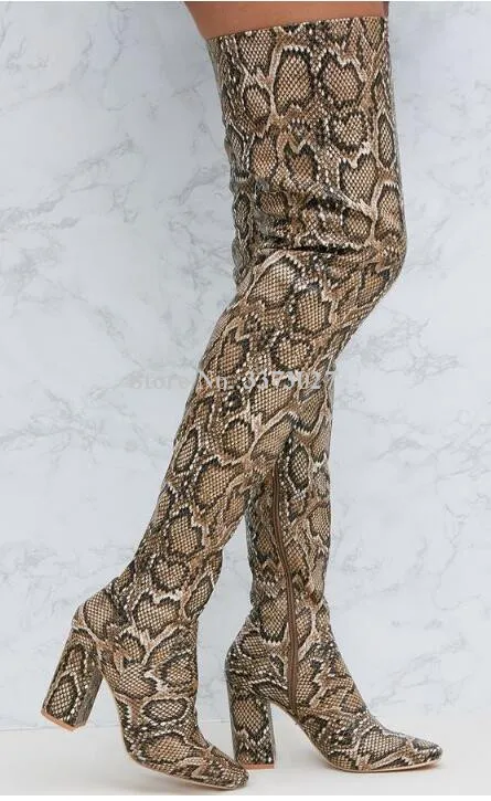 Women Sexy Snakeskin Chunky Heel Long Boots Fashion Lady Pointed Toe Python Printed Over-the-knee Boots Large Size Runway Shoes