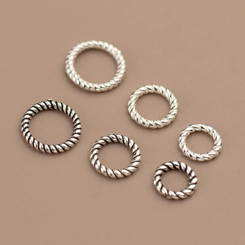 Connecteurs de breloques cercle torsadé en argent regardé 925, S925, anneaux fermés ronds, connecteurs de bricolage, bijoux exécutifs, 7.5mm, 8.5mm, 10.5mm, 2 pièces par lot