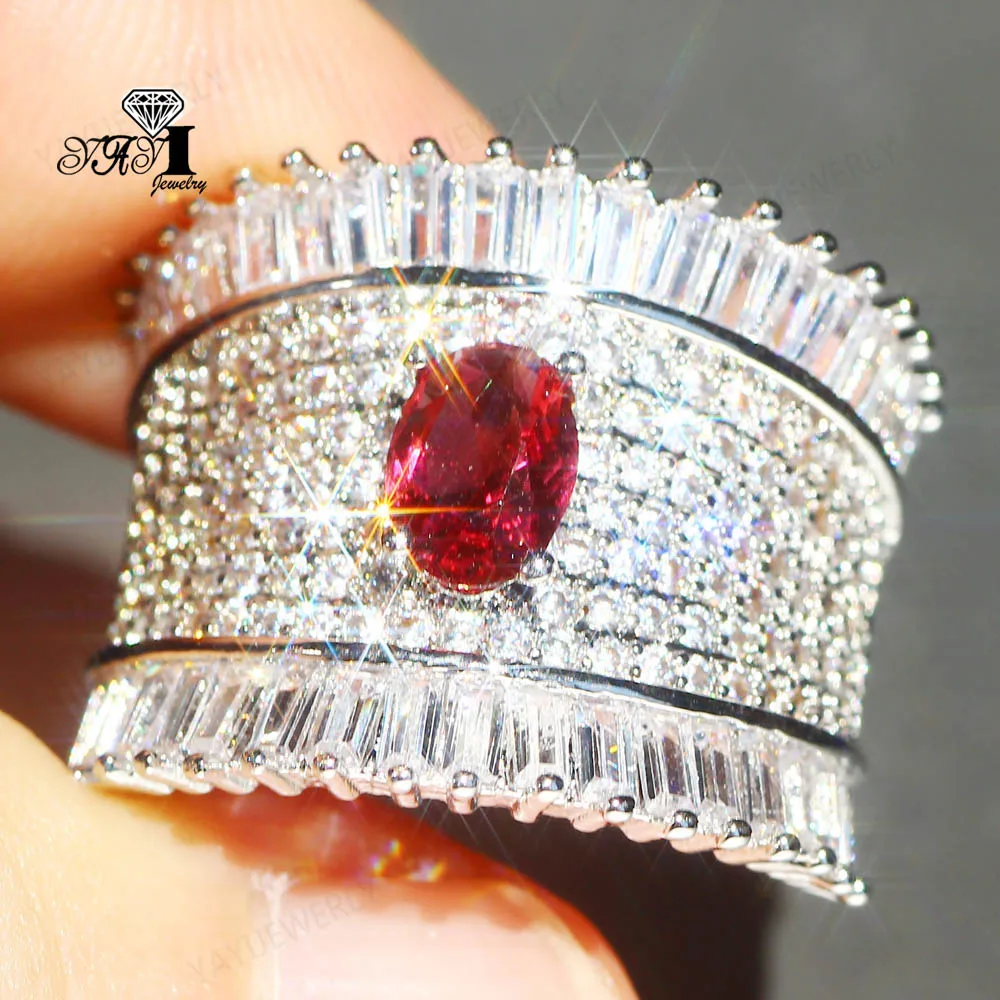 

YaYI Jewelry Fashion Princess Red Corundum Ruby Gemstone Zircon Stamped S925 Silver Color Engagement Lovers Wedding Party Rings