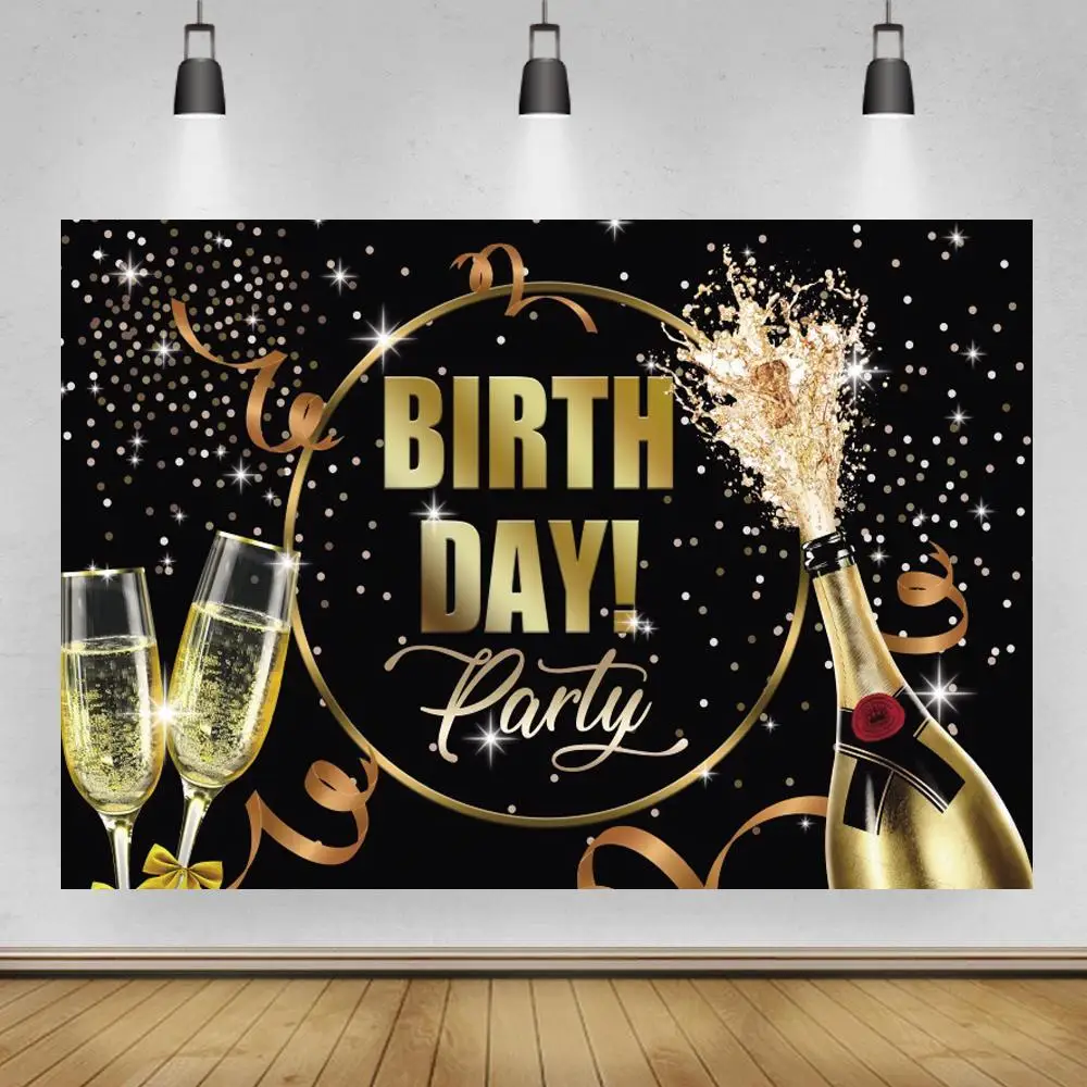 Golden Dots Big Circle Birthday Party Backgrounds Photo Champagne Wine Glasses Ribbons Cheers Celebration Backdrops Photography