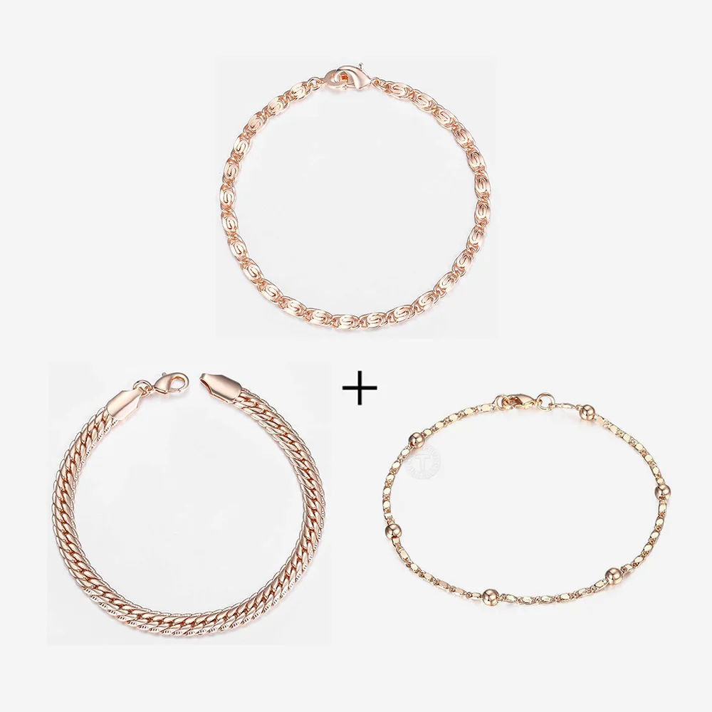 3pcs/Set Bracelets For Women 585 Rose Gold Color Link Chain Bracelet Girls Fashion Jewelry Gifts Wedding New CB03CB11CB02