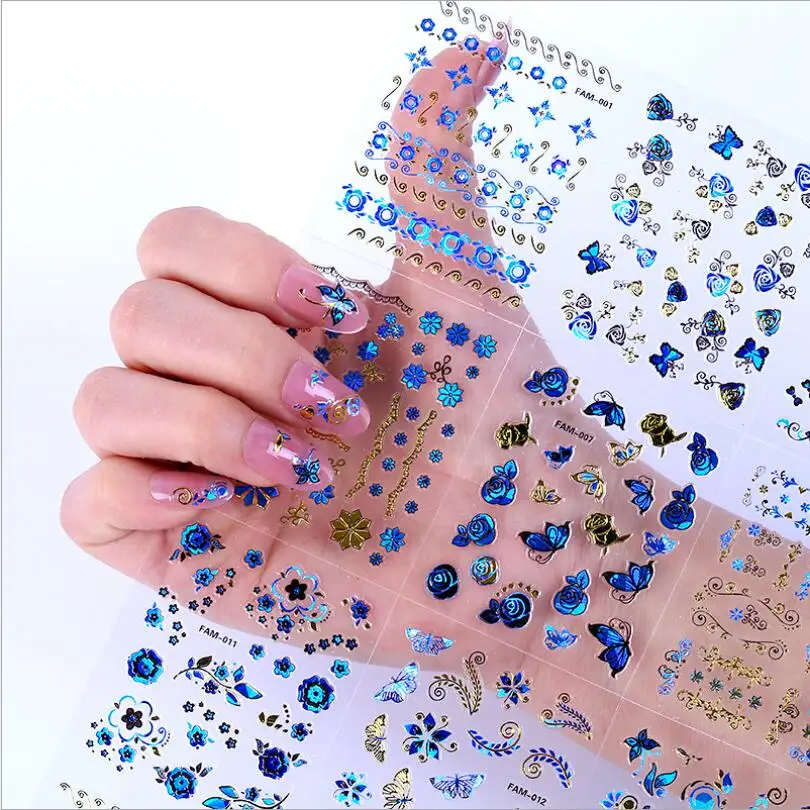 30 Sheets 3D Gold Blue Decals Hot Stamping Stickers Nail Art  Bling Shinning Butterfly Self Adhesive Nail Tattoos T0505