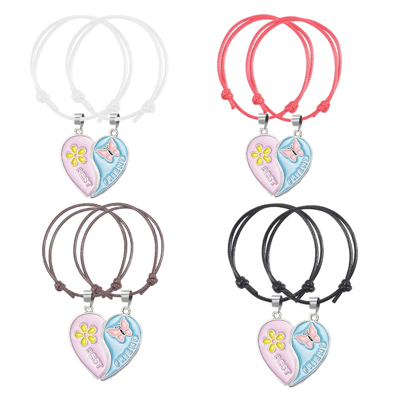2023 Fashion Best Friend Bracelet BFF Alloy Letter Blue Pink Butterfly Heart Pendant 2 Piece Set Friendship Jewelry Gift